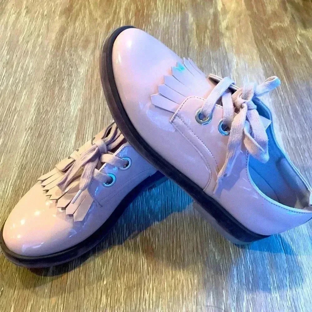 🩰Zara Girl Oxfords Ballet Pink Faux Patent Lace-Up Kilted Shoes Size 37 …